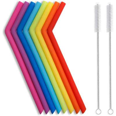 2020 hot sell OEM  Long Flexible Silicone Drinking Straws  Reusable Silicone Straws with Cleaning Brushes